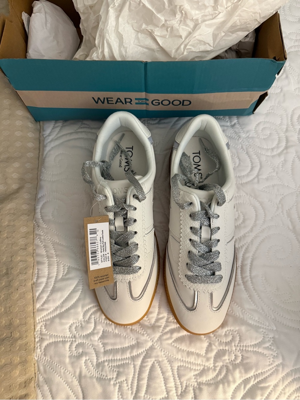 TOMS White Leather Sneakers with Silver Laces and Gum Sole